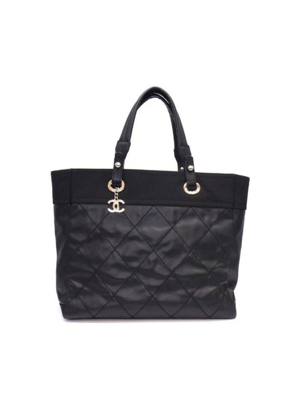 Chanel Tote Paris Biarritz MM Black Leather Silver